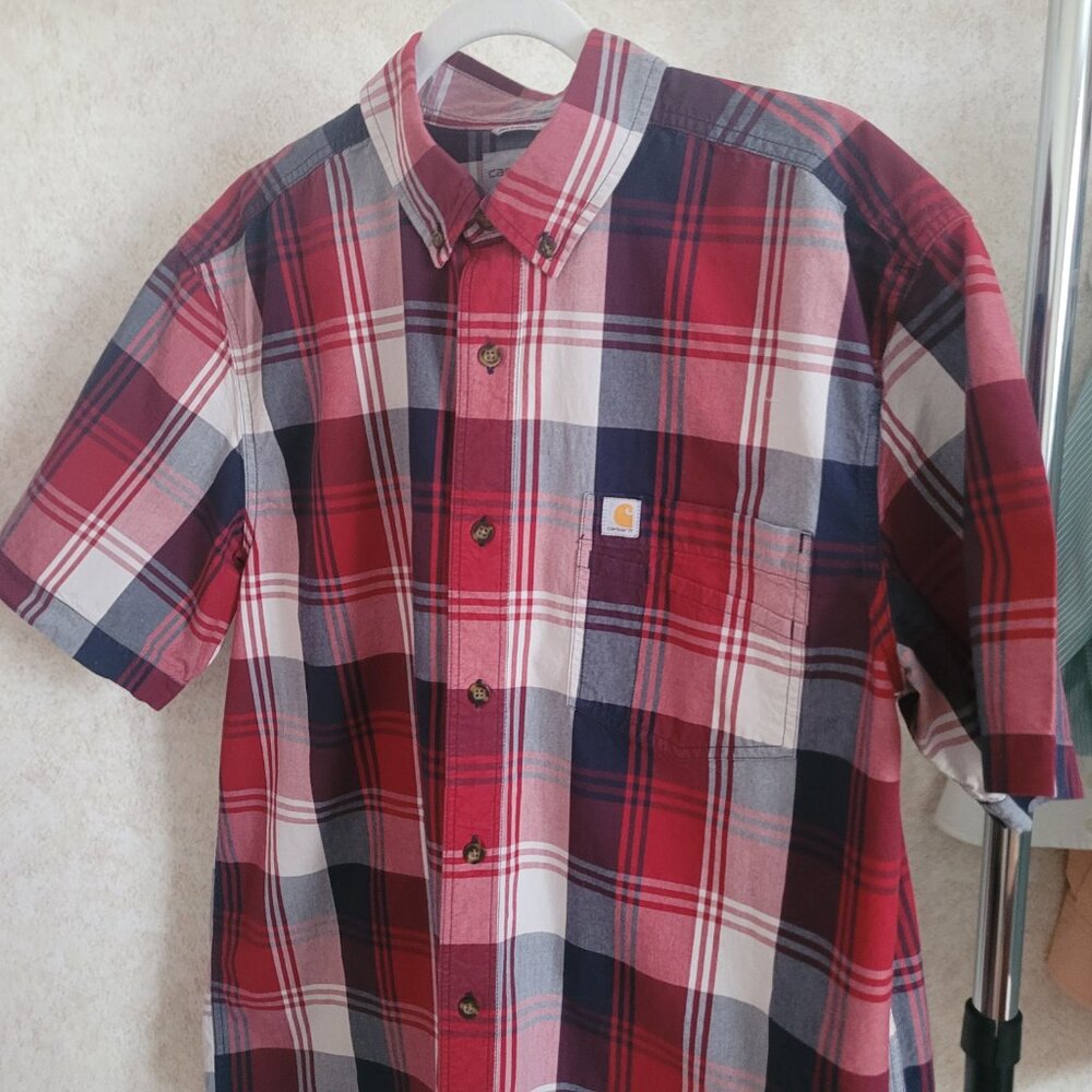 Carhartt Red White Blue Mens Plaid Short Sleeve Shirt Size L - Picture 5 of 15